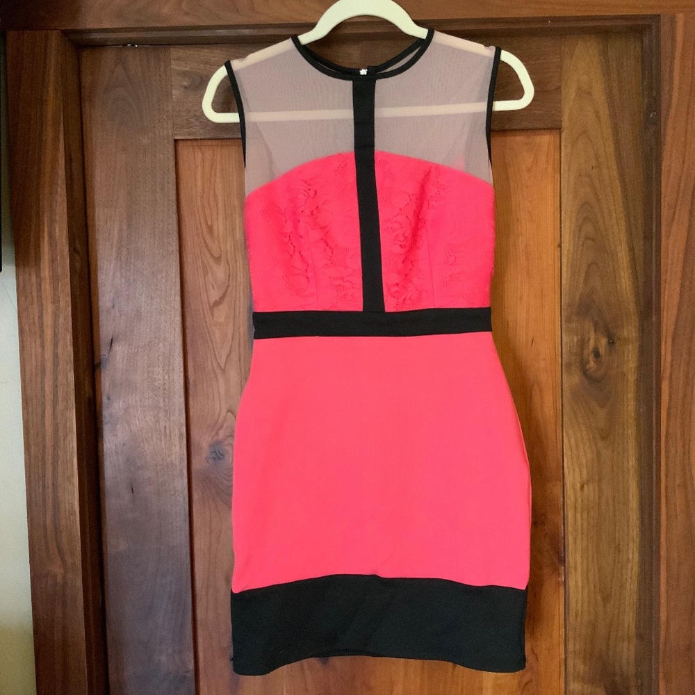 ASOS Hot Pink & Black Bodycon Dress with Mesh Shoulder NWOT